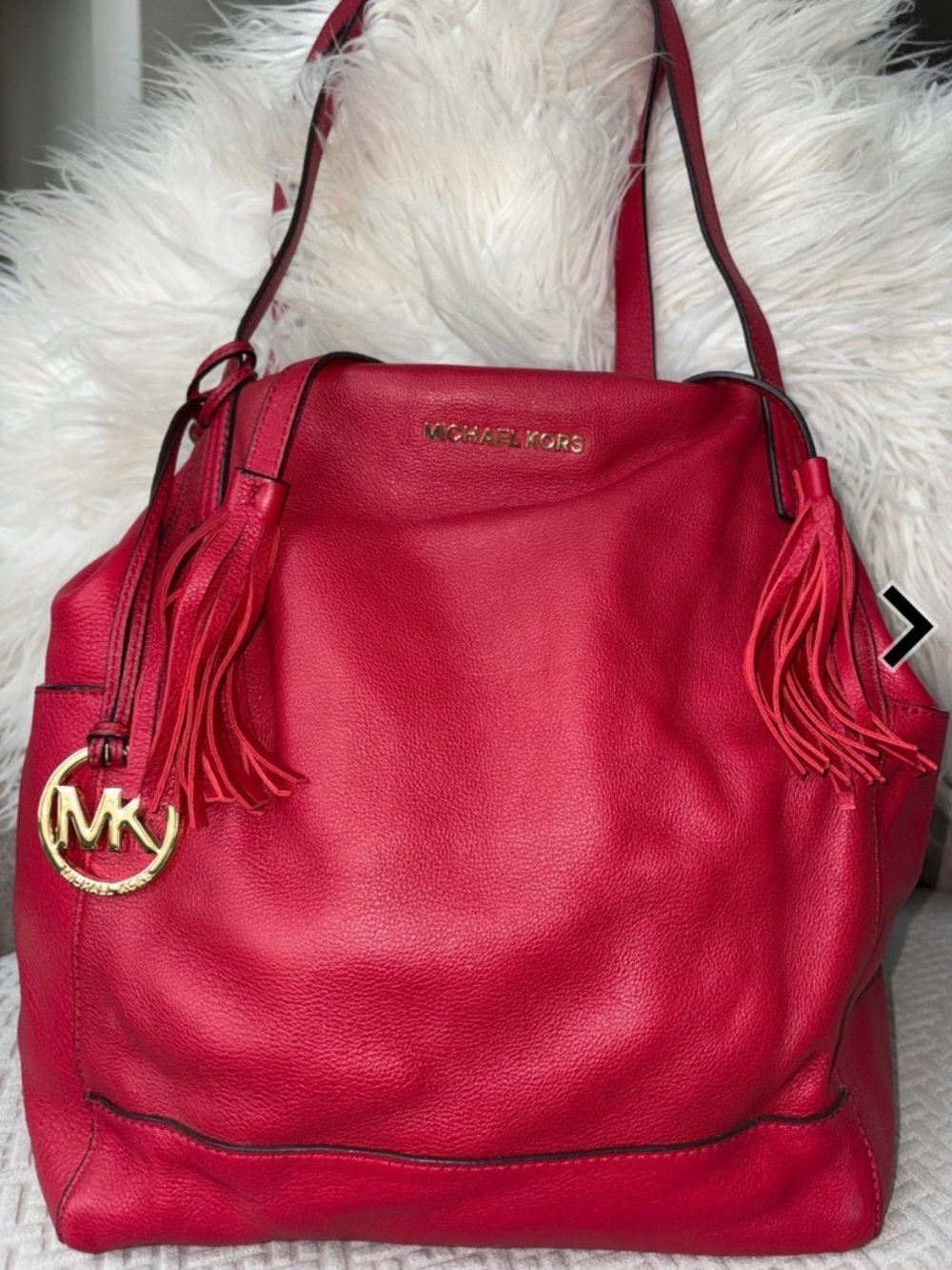 Michael Kors Crimson Leather Shoulder Bag with MK Charm - Picture 2 of 10